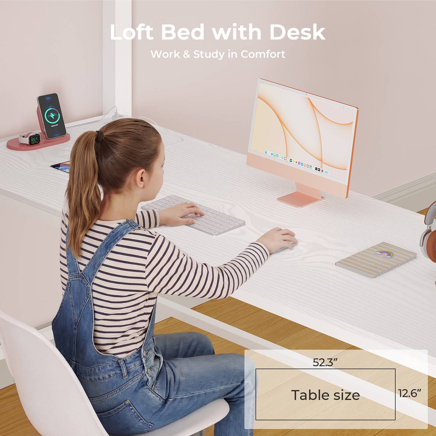 ADORNEVE Loft Bed Full Size with Desk and 14 Drawers Power Outlet Metal Teens Loft Beds with LED Lights and Safety Guardrail
