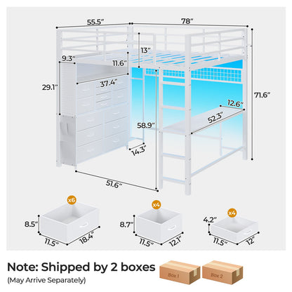 ADORNEVE Loft Bed Full Size with Desk and 14 Drawers Power Outlet Metal Teens Loft Beds with LED Lights and Safety Guardrail