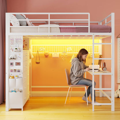 ADORNEVE Loft Bed Full Size with Desk and 14 Drawers Power Outlet Metal Teens Loft Beds with LED Lights and Safety Guardrail