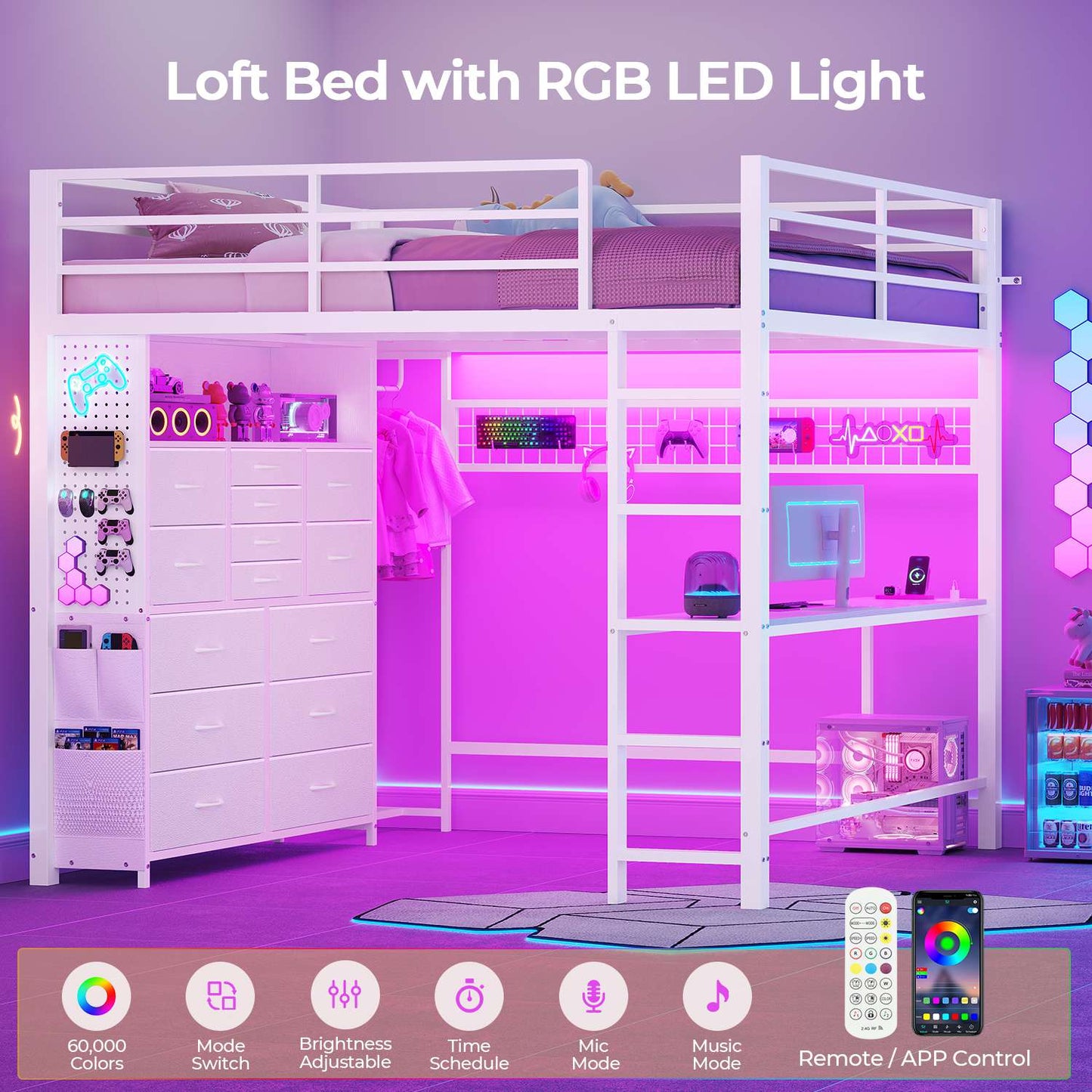 ADORNEVE Loft Bed Full Size with Desk and 14 Drawers Power Outlet Metal Teens Loft Beds with LED Lights and Safety Guardrail