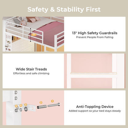 ADORNEVE Loft Bed Full Size with Desk and 14 Drawers Power Outlet Metal Teens Loft Beds with LED Lights and Safety Guardrail