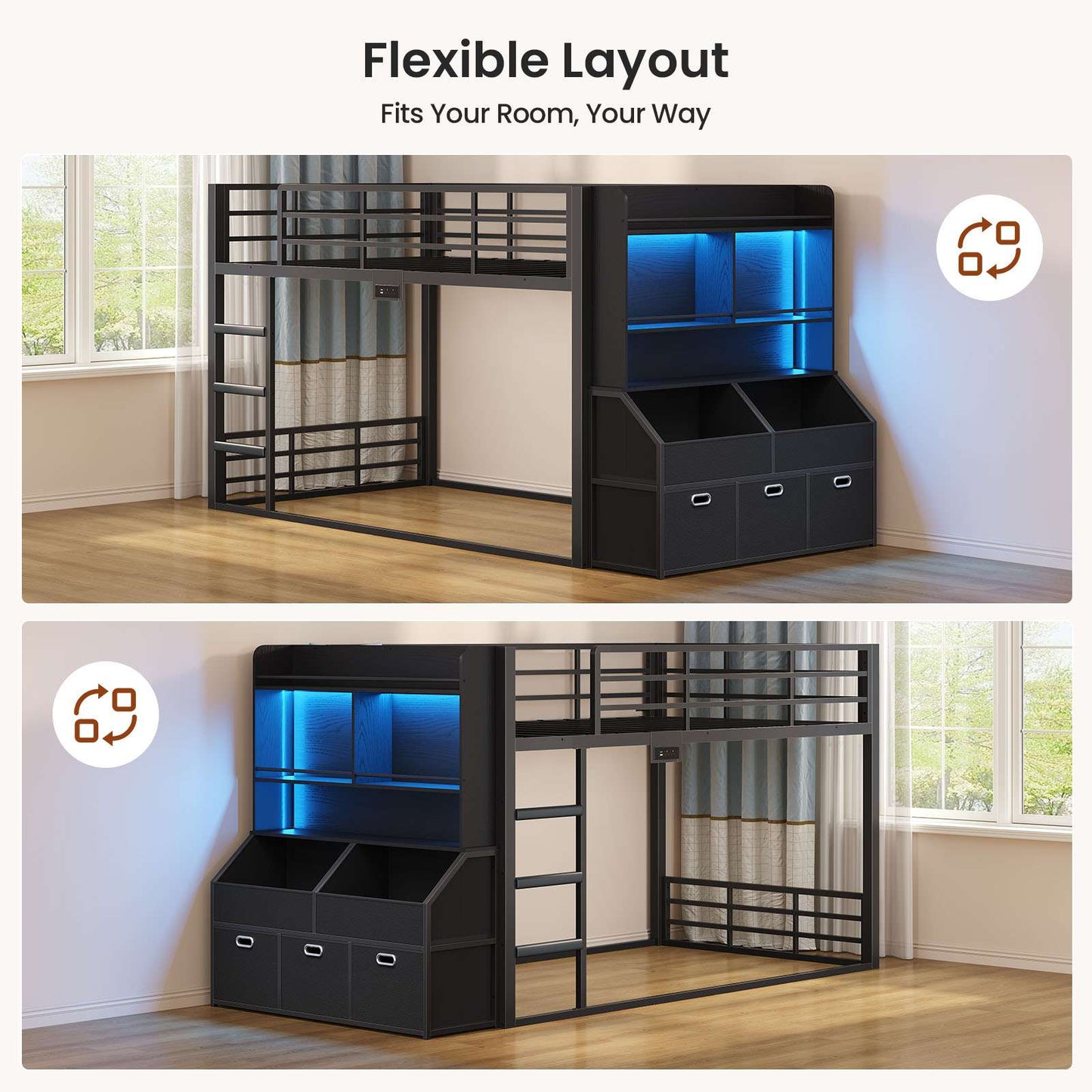 ADORNEVE Bunk Bed Twin Size with Bookshelf Organizer and Drawers Metal Bunk Bed with RGB Lights and Charging Station Safety Guardrail