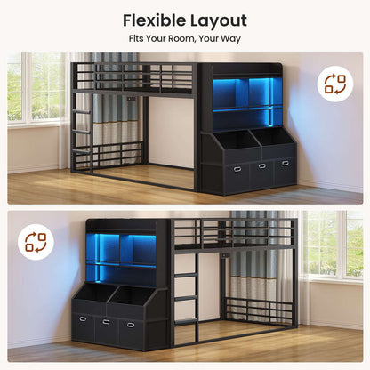ADORNEVE Bunk Bed Twin Size with Bookshelf Organizer and Drawers Metal Bunk Bed with RGB Lights and Charging Station Safety Guardrail