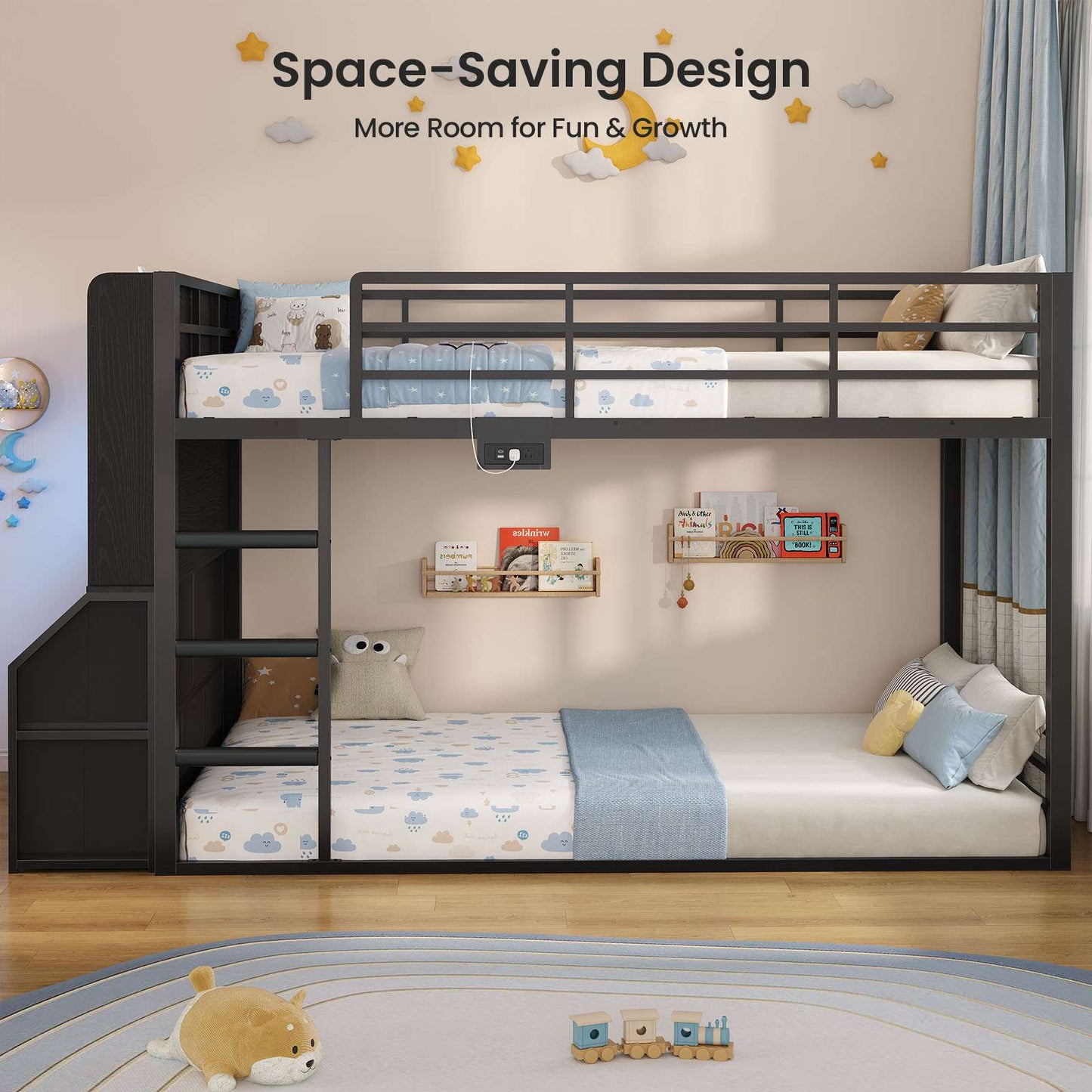 ADORNEVE Bunk Bed Twin Size with Bookshelf Organizer and Drawers Metal Bunk Bed with RGB Lights and Charging Station Safety Guardrail