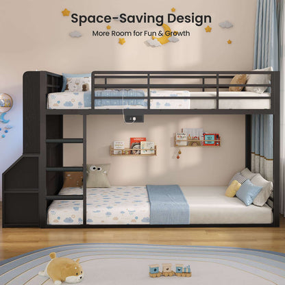 ADORNEVE Bunk Bed Twin Size with Bookshelf Organizer and Drawers Metal Bunk Bed with RGB Lights and Charging Station Safety Guardrail