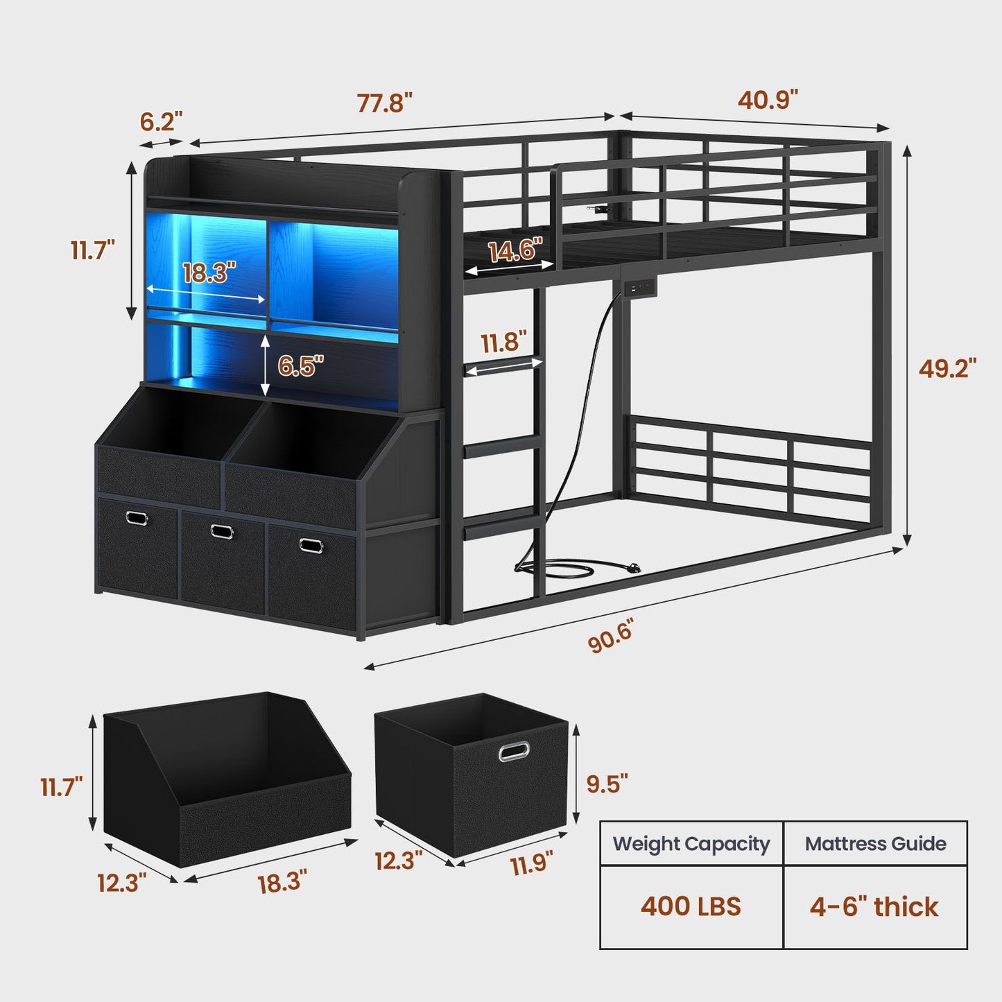 ADORNEVE Bunk Bed Twin Size with Bookshelf Organizer and Drawers Metal Bunk Bed with RGB Lights and Charging Station Safety Guardrail