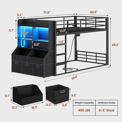 ADORNEVE Bunk Bed Twin Size with Bookshelf Organizer and Drawers Metal Bunk Bed with RGB Lights and Charging Station Safety Guardrail