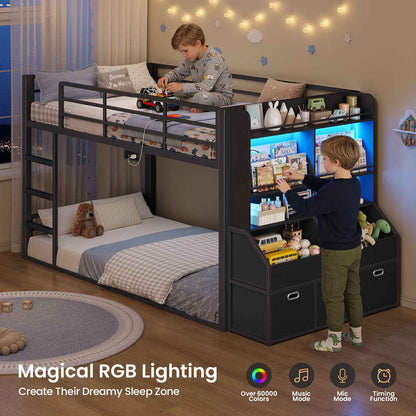 ADORNEVE Bunk Bed Twin Size with Bookshelf Organizer and Drawers Metal Bunk Bed with RGB Lights and Charging Station Safety Guardrail