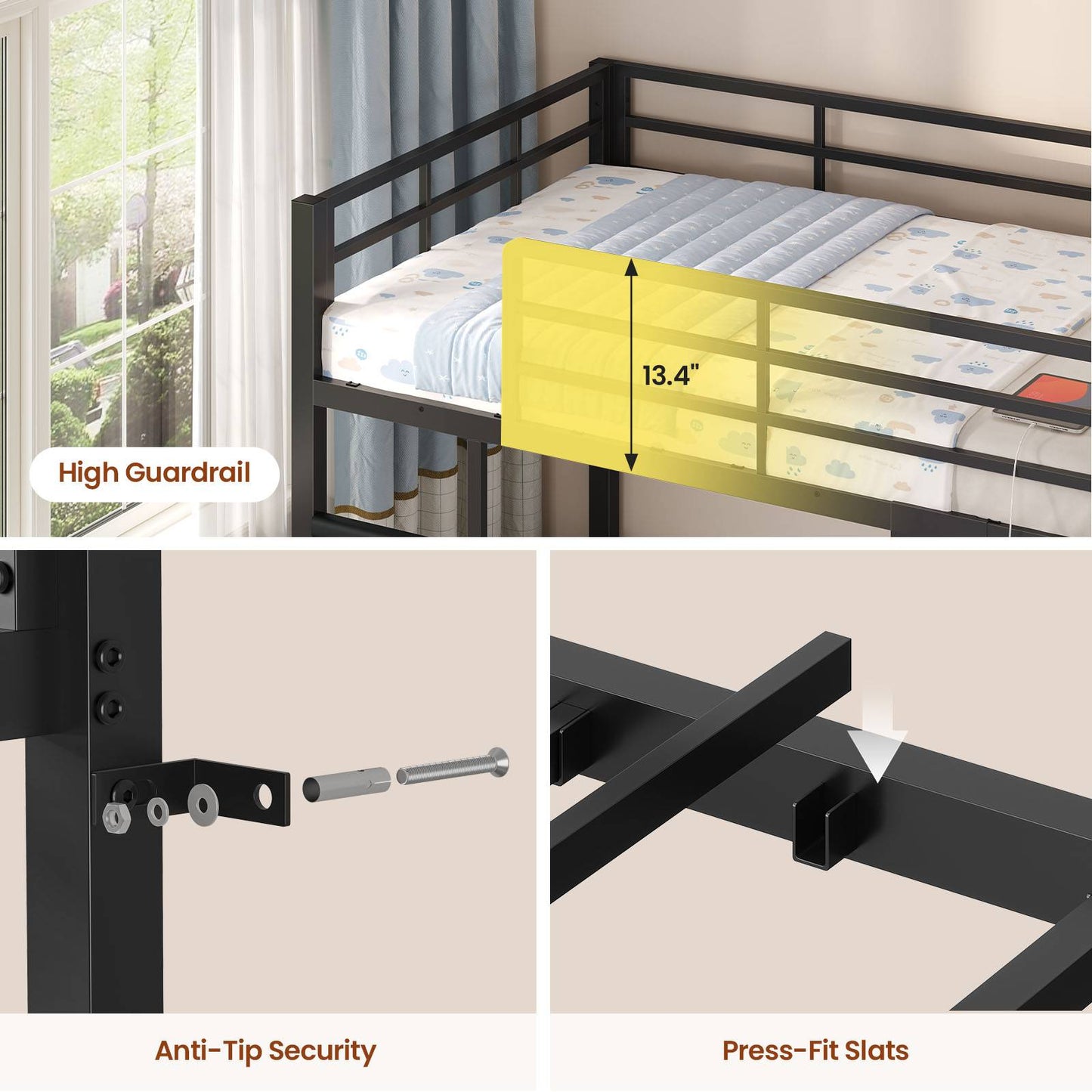 ADORNEVE Bunk Bed Twin Size with Bookshelf Organizer and Drawers Metal Bunk Bed with RGB Lights and Charging Station Safety Guardrail