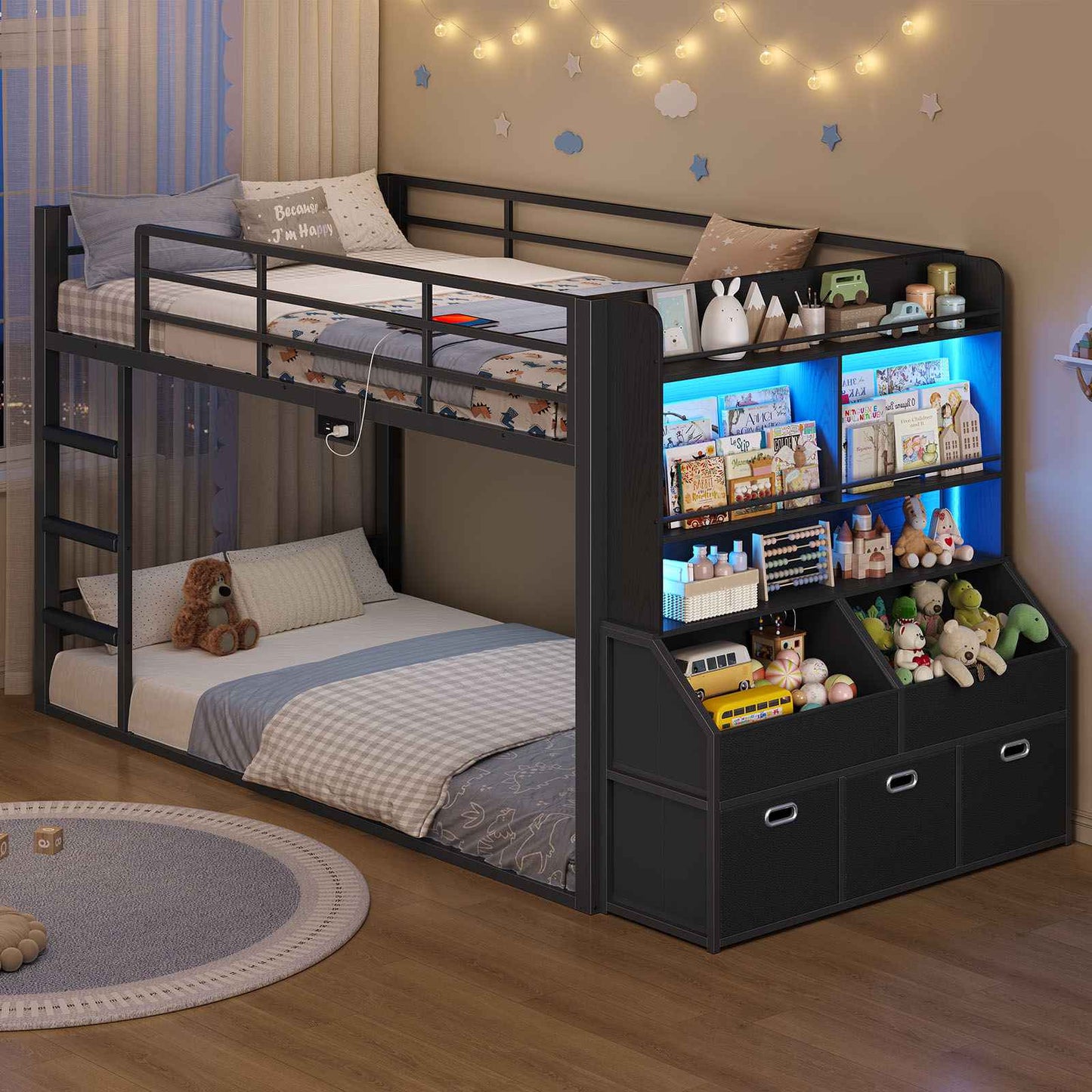 ADORNEVE Bunk Bed Twin Size with Bookshelf Organizer and Drawers Metal Bunk Bed with RGB Lights and Charging Station Safety Guardrail