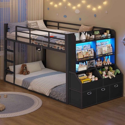 ADORNEVE Bunk Bed Twin Size with Bookshelf Organizer and Drawers Metal Bunk Bed with RGB Lights and Charging Station Safety Guardrail