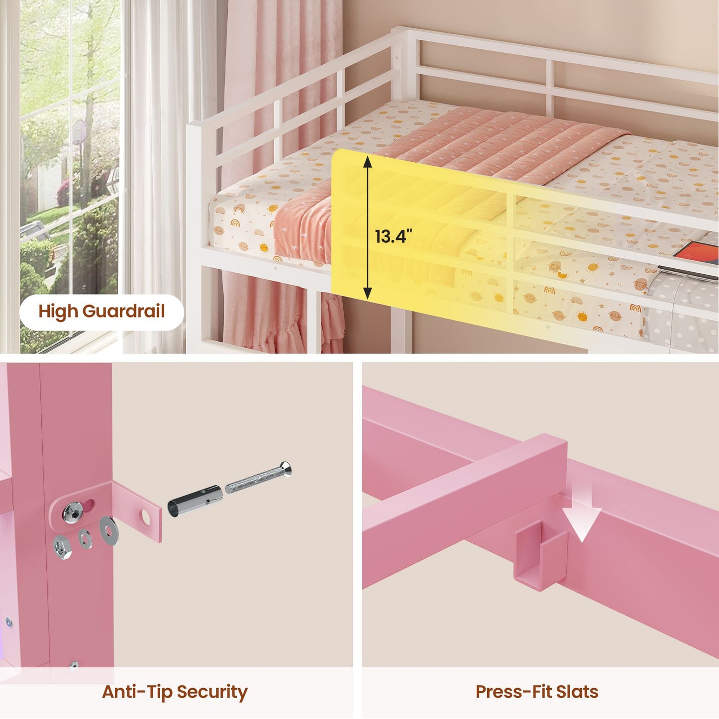 ADORNEVE Bunk Bed Twin Size with Bookshelf Organizer and Drawers Metal Bunk Bed with RGB Lights and Charging Station Safety Guardrail