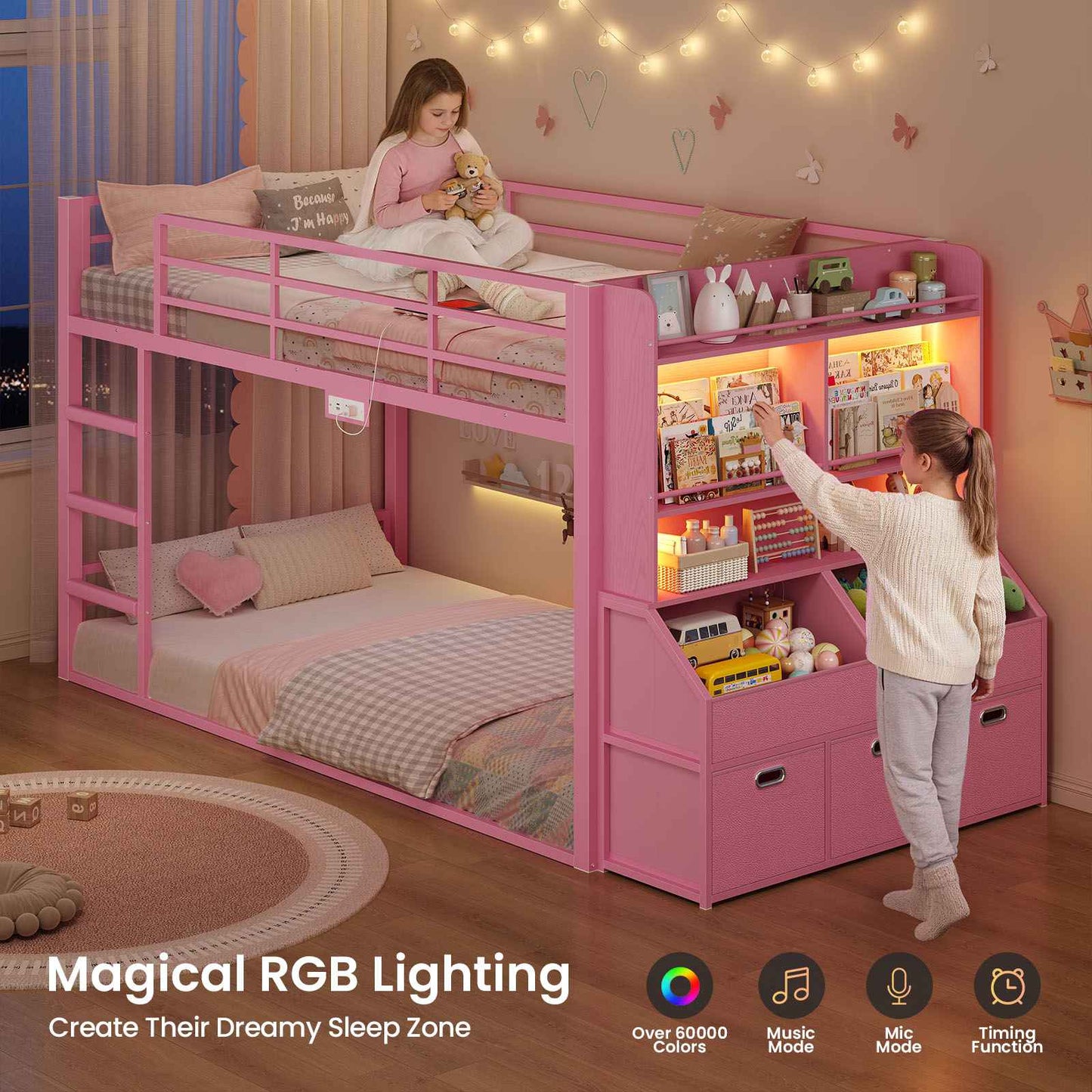 ADORNEVE Bunk Bed Twin Size with Bookshelf Organizer and Drawers Metal Bunk Bed with RGB Lights and Charging Station Safety Guardrail