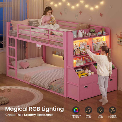 ADORNEVE Bunk Bed Twin Size with Bookshelf Organizer and Drawers Metal Bunk Bed with RGB Lights and Charging Station Safety Guardrail