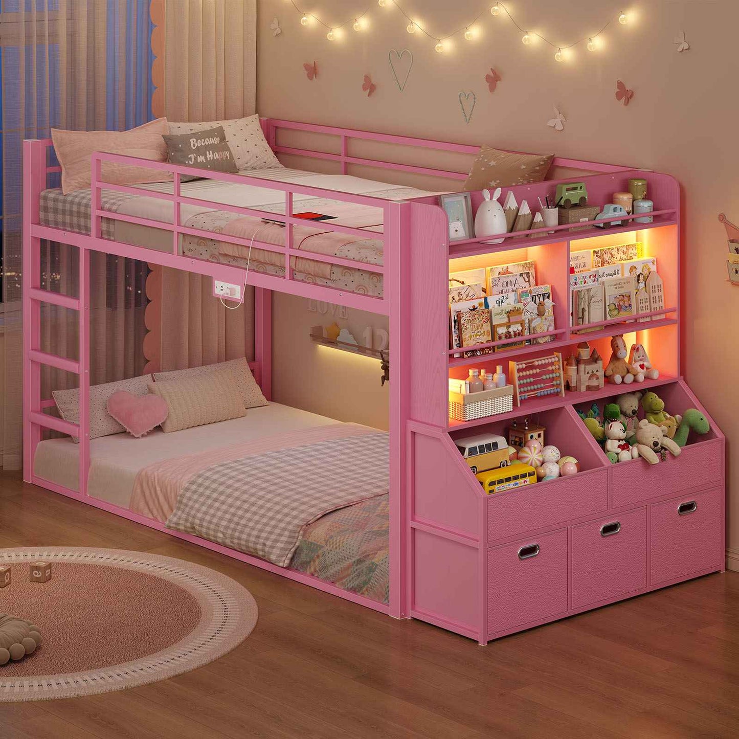 ADORNEVE Bunk Bed Twin Size with Bookshelf Organizer and Drawers Metal Bunk Bed with RGB Lights and Charging Station Safety Guardrail