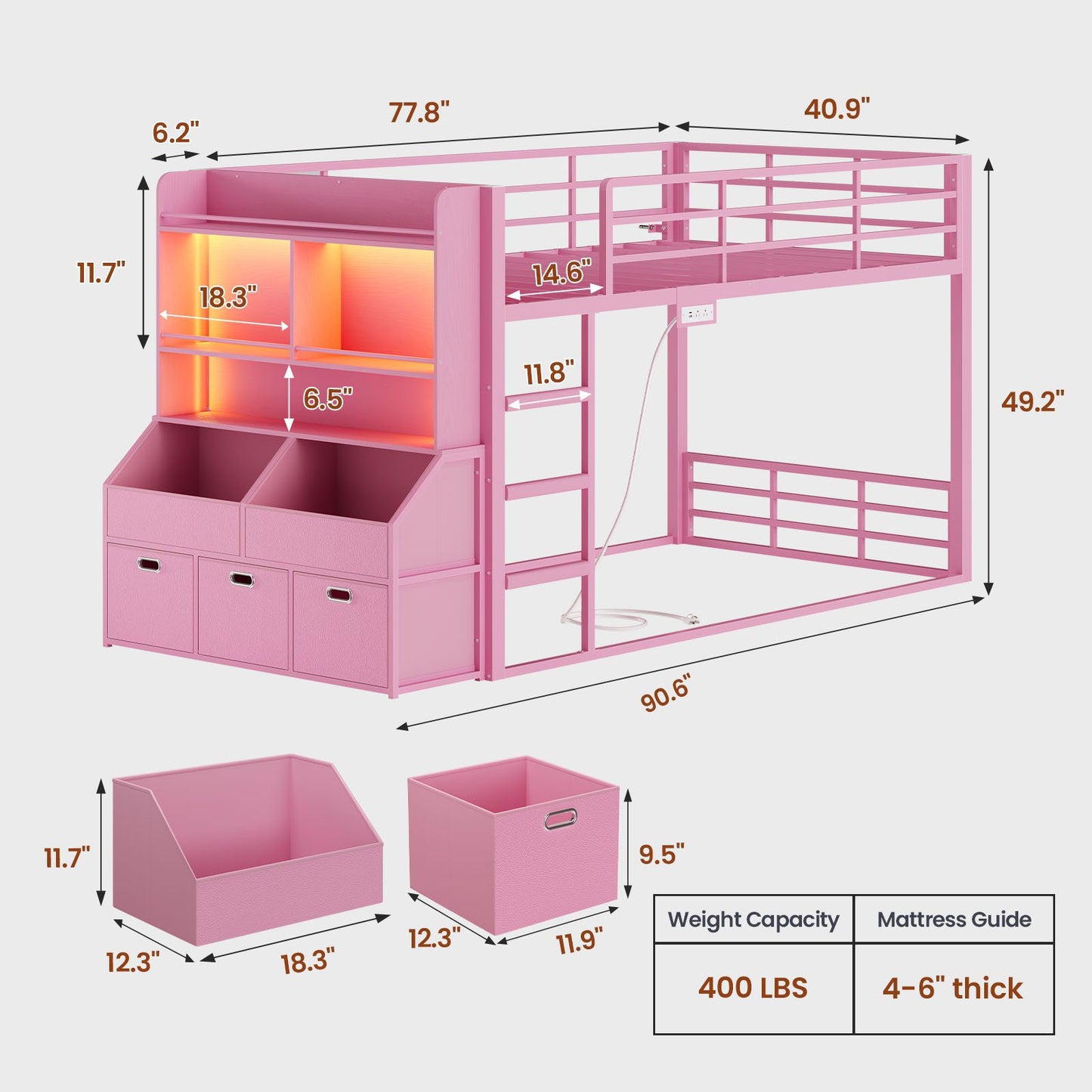 ADORNEVE Bunk Bed Twin Size with Bookshelf Organizer and Drawers Metal Bunk Bed with RGB Lights and Charging Station Safety Guardrail