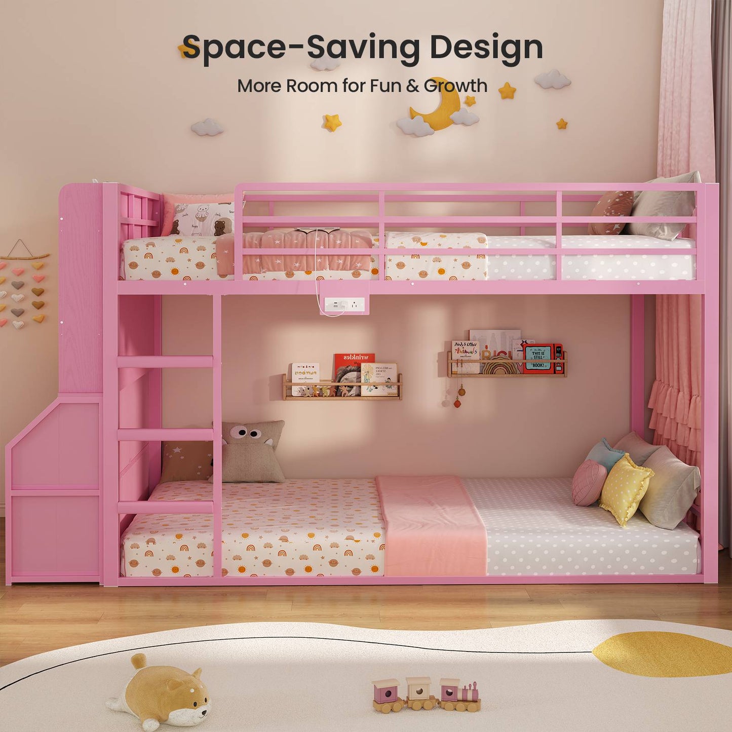 ADORNEVE Bunk Bed Twin Size with Bookshelf Organizer and Drawers Metal Bunk Bed with RGB Lights and Charging Station Safety Guardrail