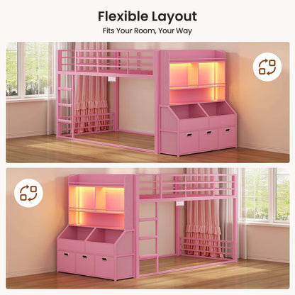ADORNEVE Bunk Bed Twin Size with Bookshelf Organizer and Drawers Metal Bunk Bed with RGB Lights and Charging Station Safety Guardrail