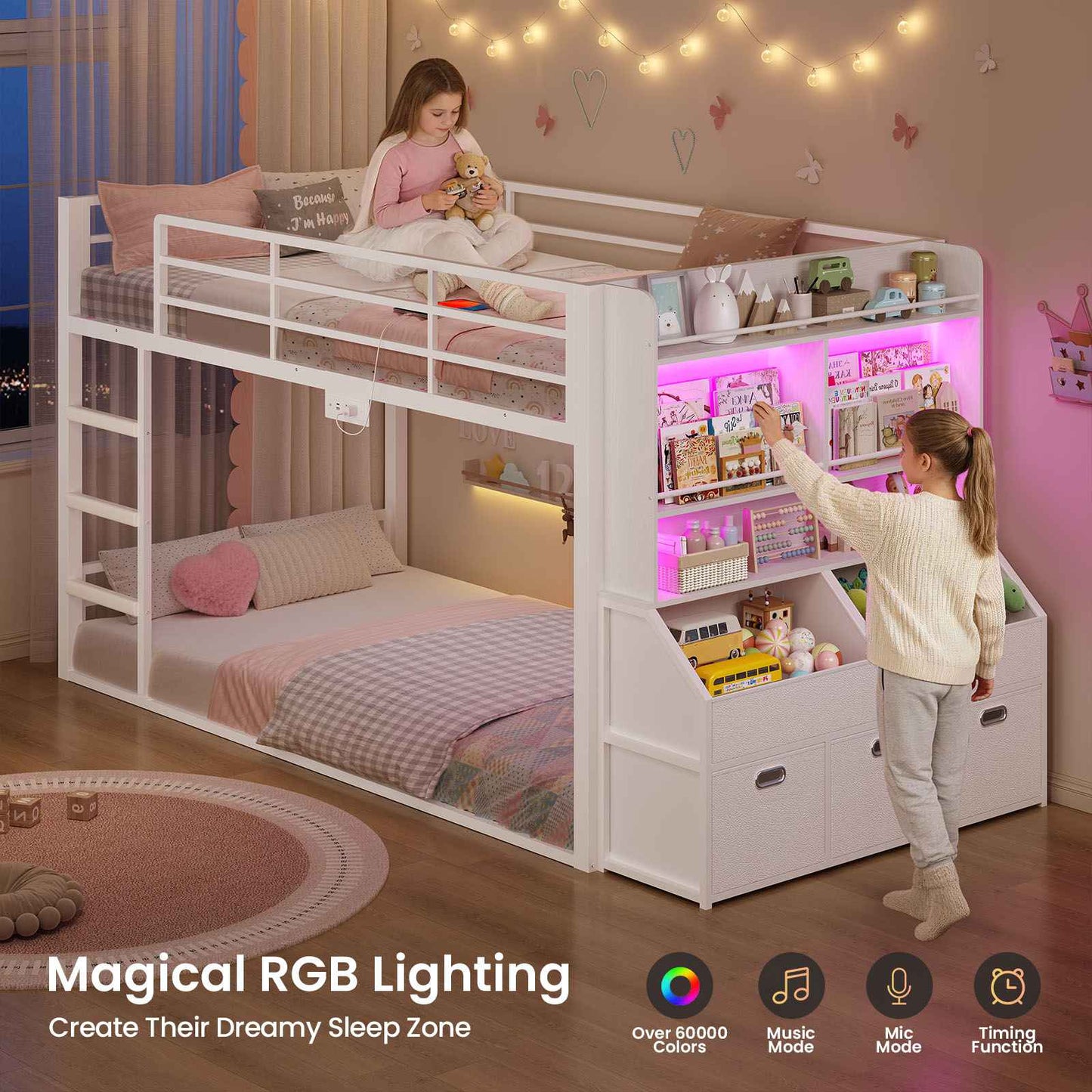 ADORNEVE Bunk Bed Twin Size with Bookshelf Organizer and Drawers Metal Bunk Bed with RGB Lights and Charging Station Safety Guardrail