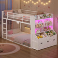 ADORNEVE Bunk Bed Twin Size with Bookshelf Organizer and Drawers Metal Bunk Bed with RGB Lights and Charging Station Safety Guardrail