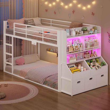 ADORNEVE Bunk Bed Twin Size with Bookshelf Organizer and Drawers Metal Bunk Bed with RGB Lights and Charging Station Safety Guardrail