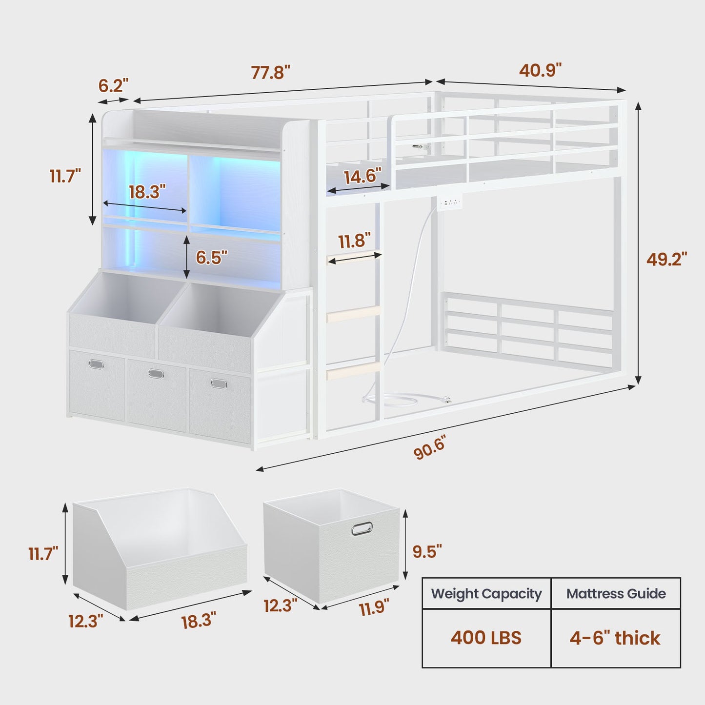 ADORNEVE Bunk Bed Twin Size with Bookshelf Organizer and Drawers Metal Bunk Bed with RGB Lights and Charging Station Safety Guardrail