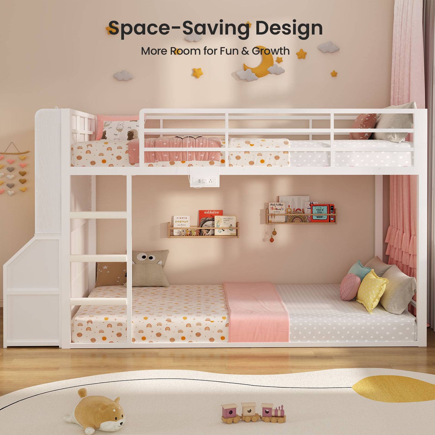ADORNEVE Bunk Bed Twin Size with Bookshelf Organizer and Drawers Metal Bunk Bed with RGB Lights and Charging Station Safety Guardrail