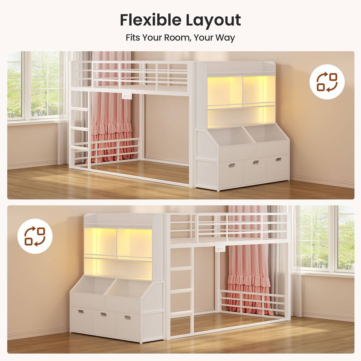 ADORNEVE Bunk Bed Twin Size with Bookshelf Organizer and Drawers Metal Bunk Bed with RGB Lights and Charging Station Safety Guardrail