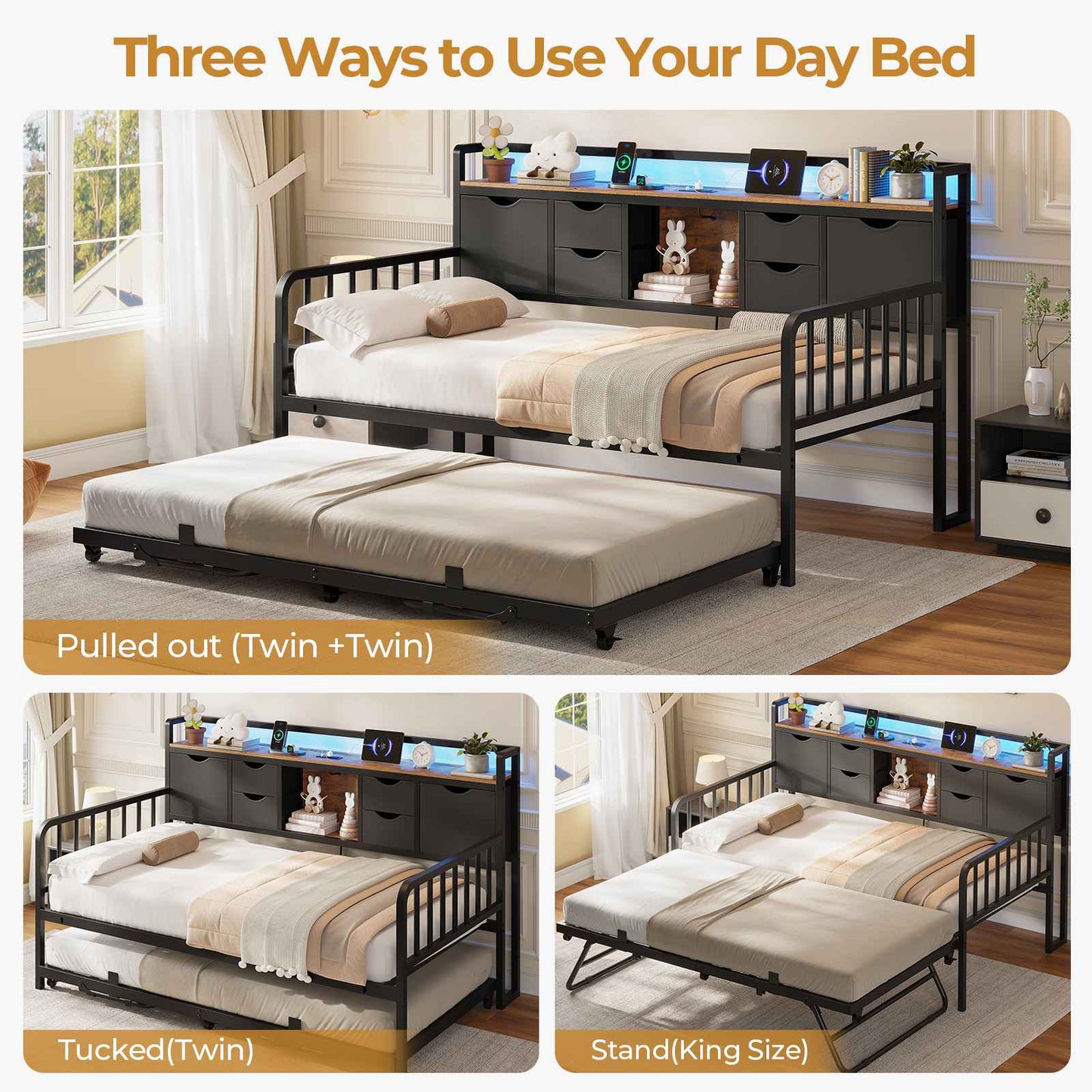 ADORNEVE Twin Daybed with Trundle and Storage Headboard for Living Room Bedroom Metal Sofa Bed with Charging Station
