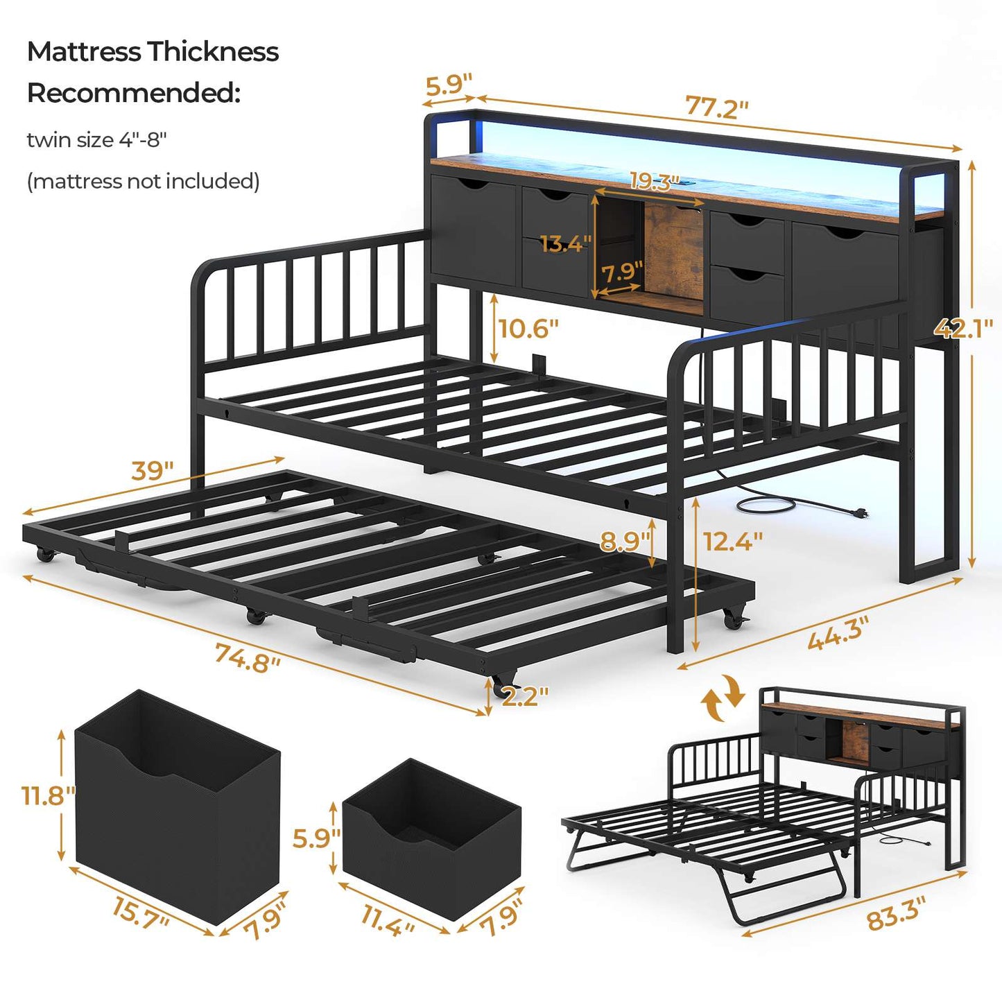 ADORNEVE Twin Daybed with Trundle and Storage Headboard for Living Room Bedroom Metal Sofa Bed with Charging Station