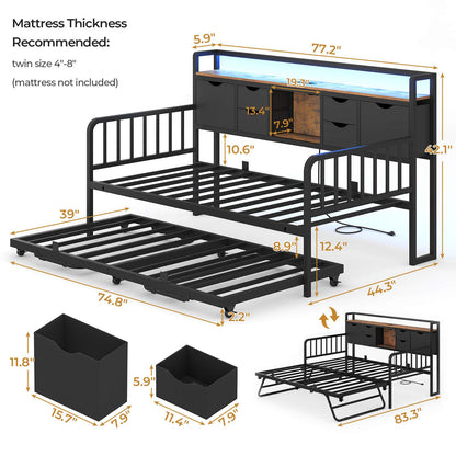 ADORNEVE Twin Daybed with Trundle and Storage Headboard for Living Room Bedroom Metal Sofa Bed with Charging Station