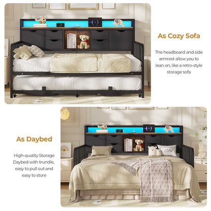 ADORNEVE Twin Daybed with Trundle and Storage Headboard for Living Room Bedroom Metal Sofa Bed with Charging Station
