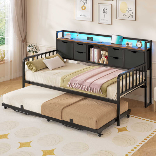ADORNEVE Twin Daybed with Trundle and Storage Headboard for Living Room Bedroom Metal Sofa Bed with Charging Station