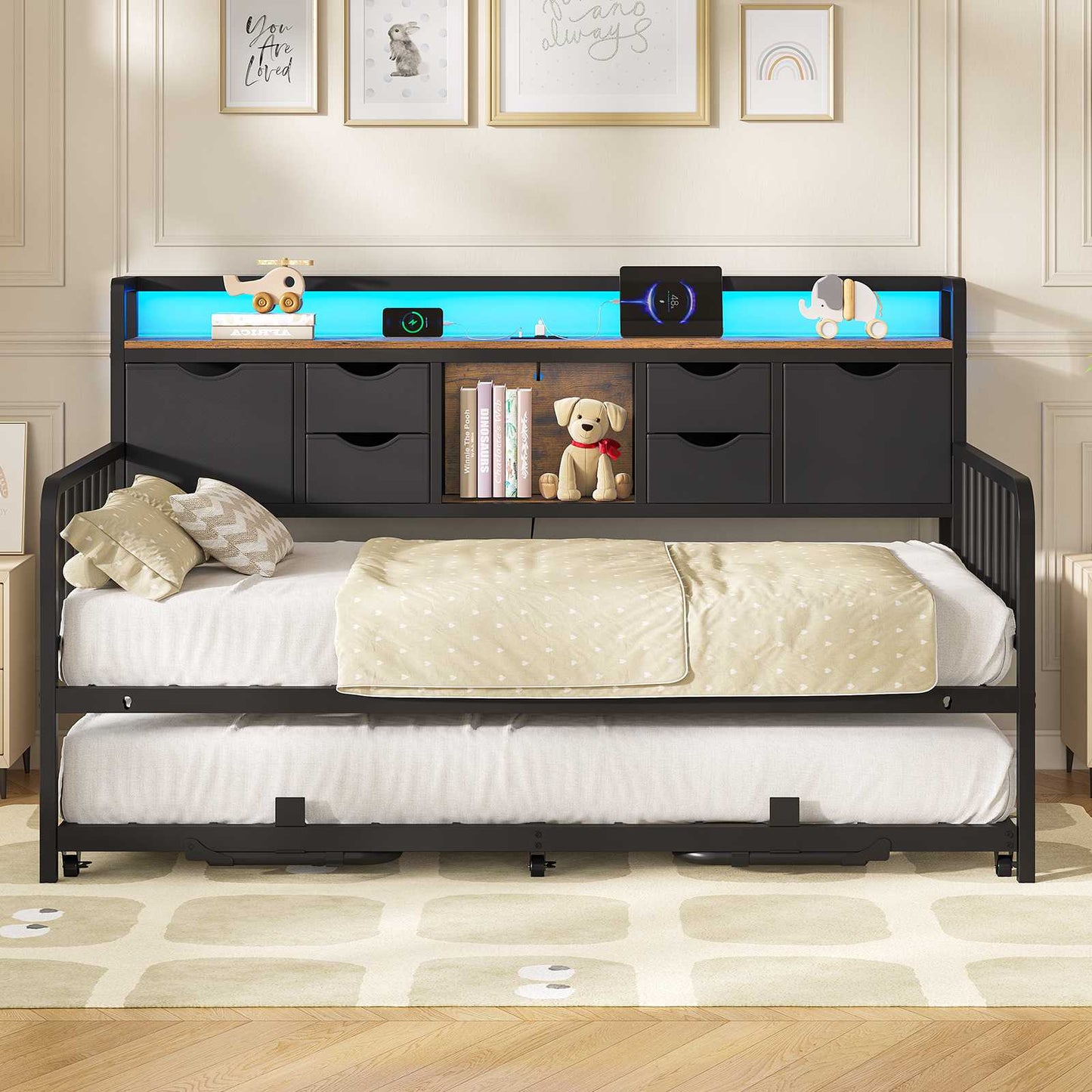 ADORNEVE Twin Daybed with Trundle and Storage Headboard for Living Room Bedroom Metal Sofa Bed with Charging Station