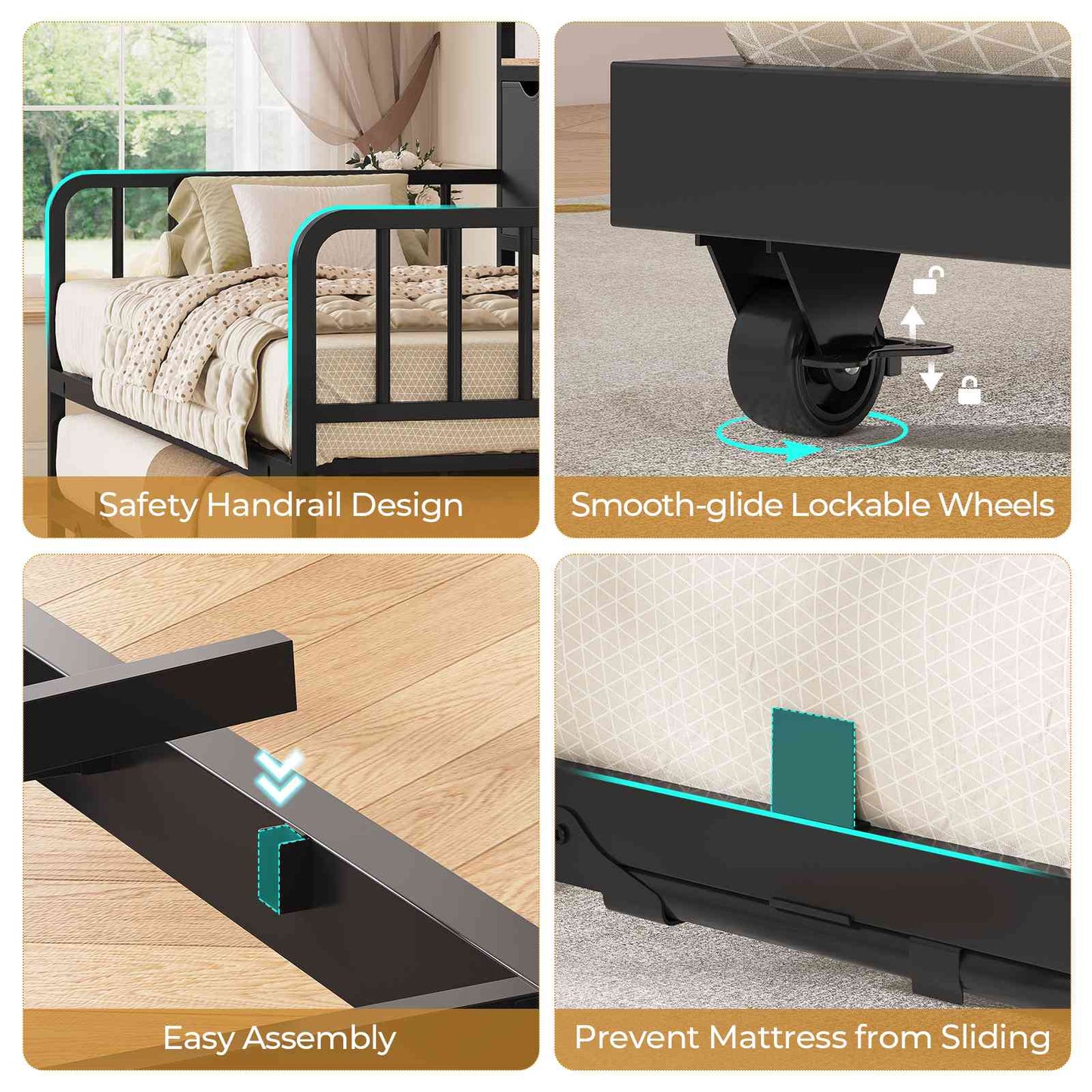 ADORNEVE Twin Daybed with Trundle and Storage Headboard for Living Room Bedroom Metal Sofa Bed with Charging Station