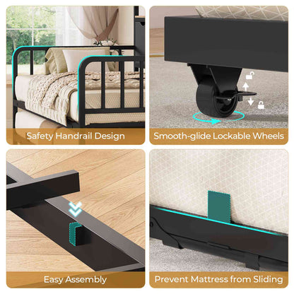 ADORNEVE Twin Daybed with Trundle and Storage Headboard for Living Room Bedroom Metal Sofa Bed with Charging Station