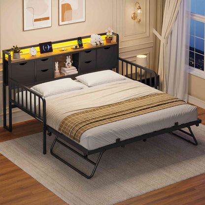 ADORNEVE Twin Daybed with Trundle and Storage Headboard for Living Room Bedroom Metal Sofa Bed with Charging Station