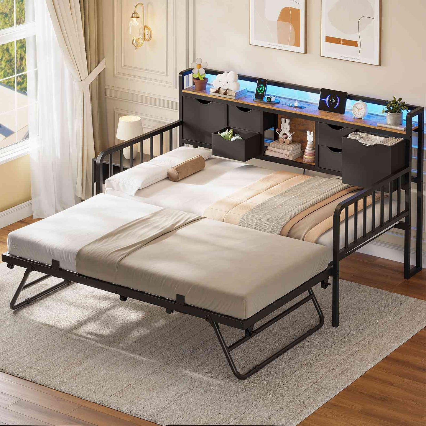 ADORNEVE Twin Daybed with Trundle and Storage Headboard for Living Room Bedroom Metal Sofa Bed with Charging Station