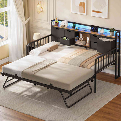 ADORNEVE Twin Daybed with Trundle and Storage Headboard for Living Room Bedroom Metal Sofa Bed with Charging Station