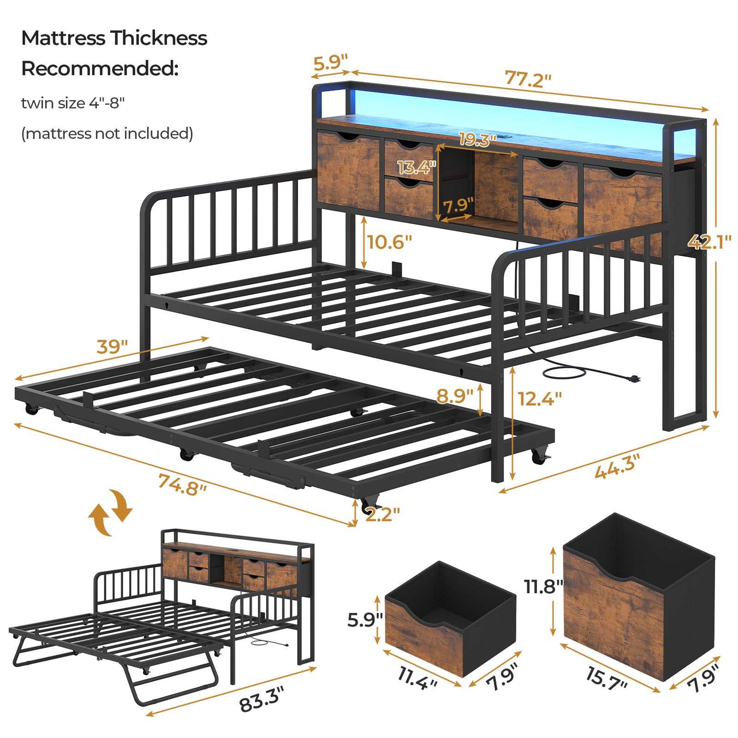 ADORNEVE Twin Daybed with Trundle and Storage Headboard for Living Room Bedroom Metal Sofa Bed with Charging Station