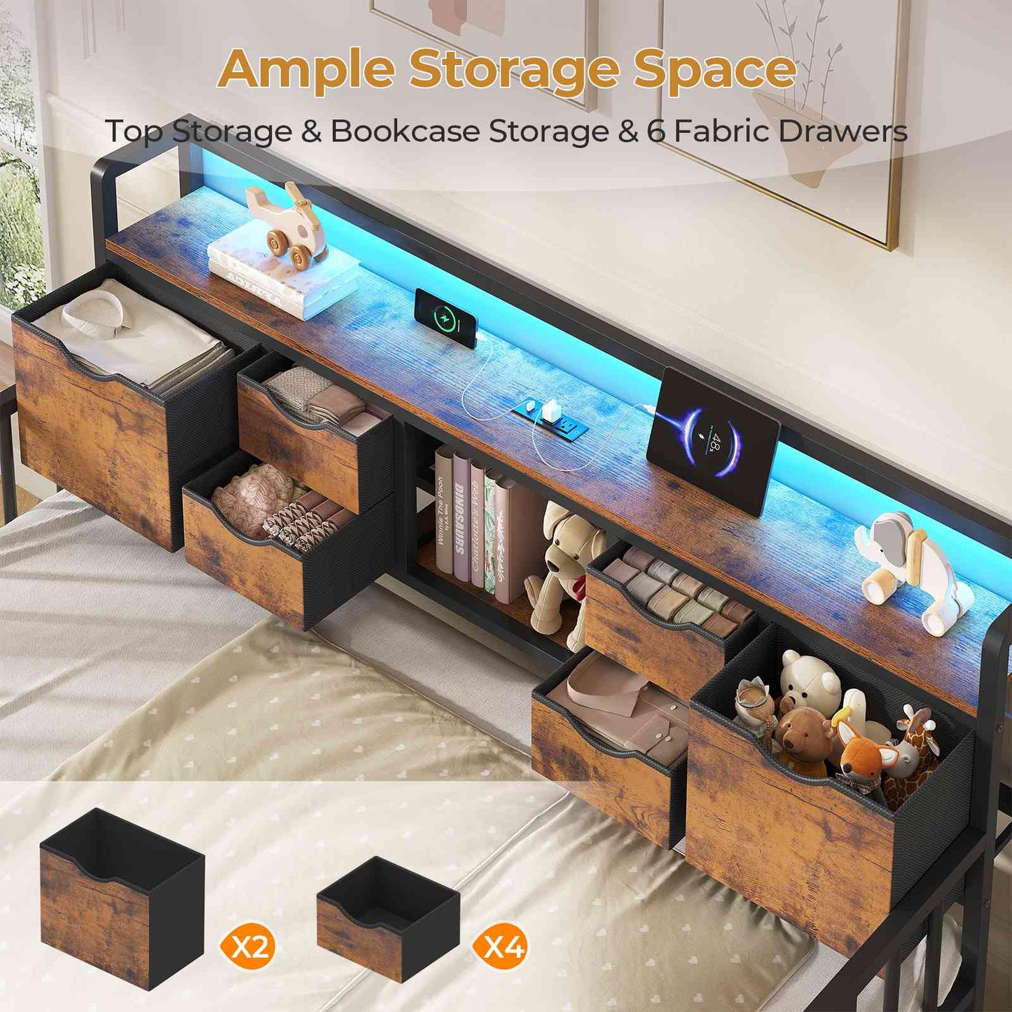 ADORNEVE Twin Daybed with Trundle and Storage Headboard for Living Room Bedroom Metal Sofa Bed with Charging Station