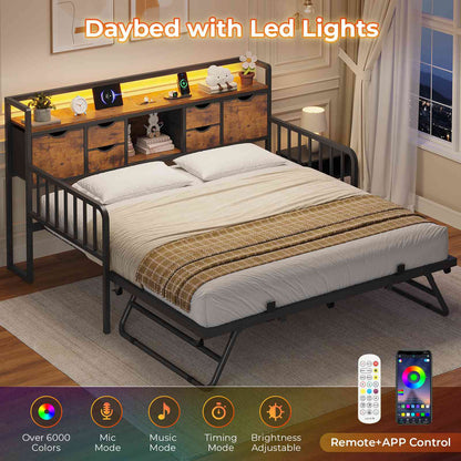 ADORNEVE Twin Daybed with Trundle and Storage Headboard for Living Room Bedroom Metal Sofa Bed with Charging Station