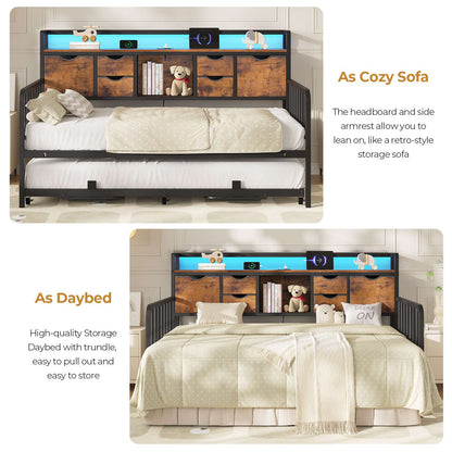 ADORNEVE Twin Daybed with Trundle and Storage Headboard for Living Room Bedroom Metal Sofa Bed with Charging Station