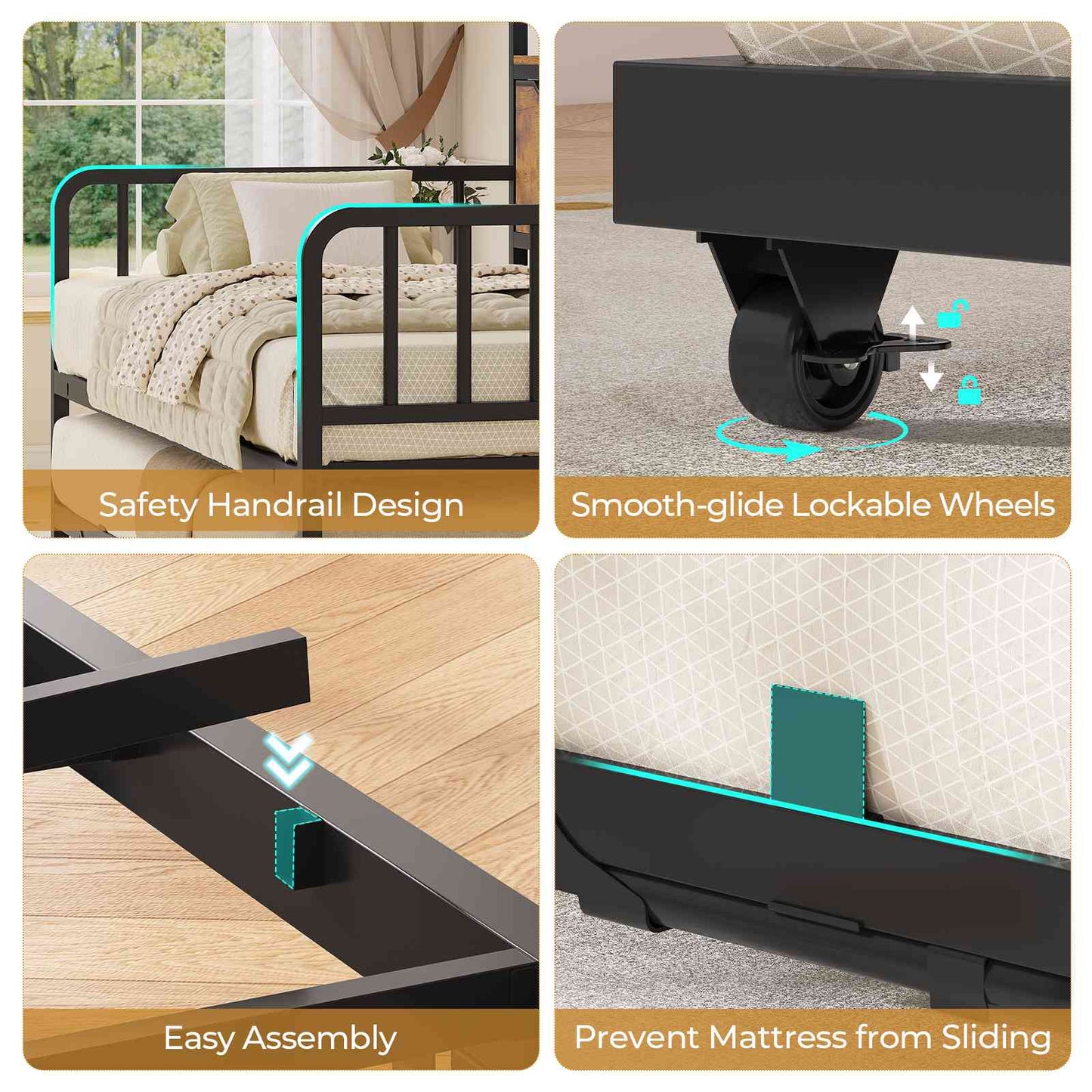 ADORNEVE Twin Daybed with Trundle and Storage Headboard for Living Room Bedroom Metal Sofa Bed with Charging Station