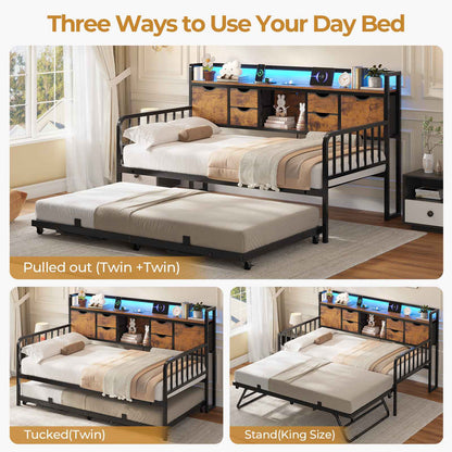 ADORNEVE Twin Daybed with Trundle and Storage Headboard for Living Room Bedroom Metal Sofa Bed with Charging Station
