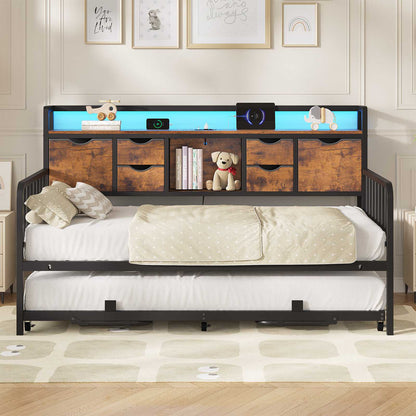 ADORNEVE Twin Daybed with Trundle and Storage Headboard for Living Room Bedroom Metal Sofa Bed with Charging Station