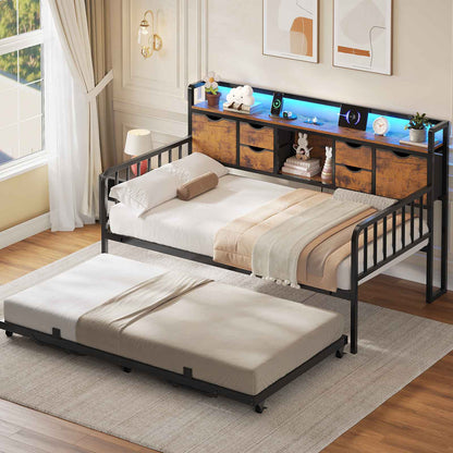 ADORNEVE Twin Daybed with Trundle and Storage Headboard for Living Room Bedroom Metal Sofa Bed with Charging Station