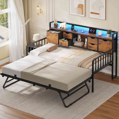 ADORNEVE Twin Daybed with Trundle and Storage Headboard for Living Room Bedroom Metal Sofa Bed with Charging Station