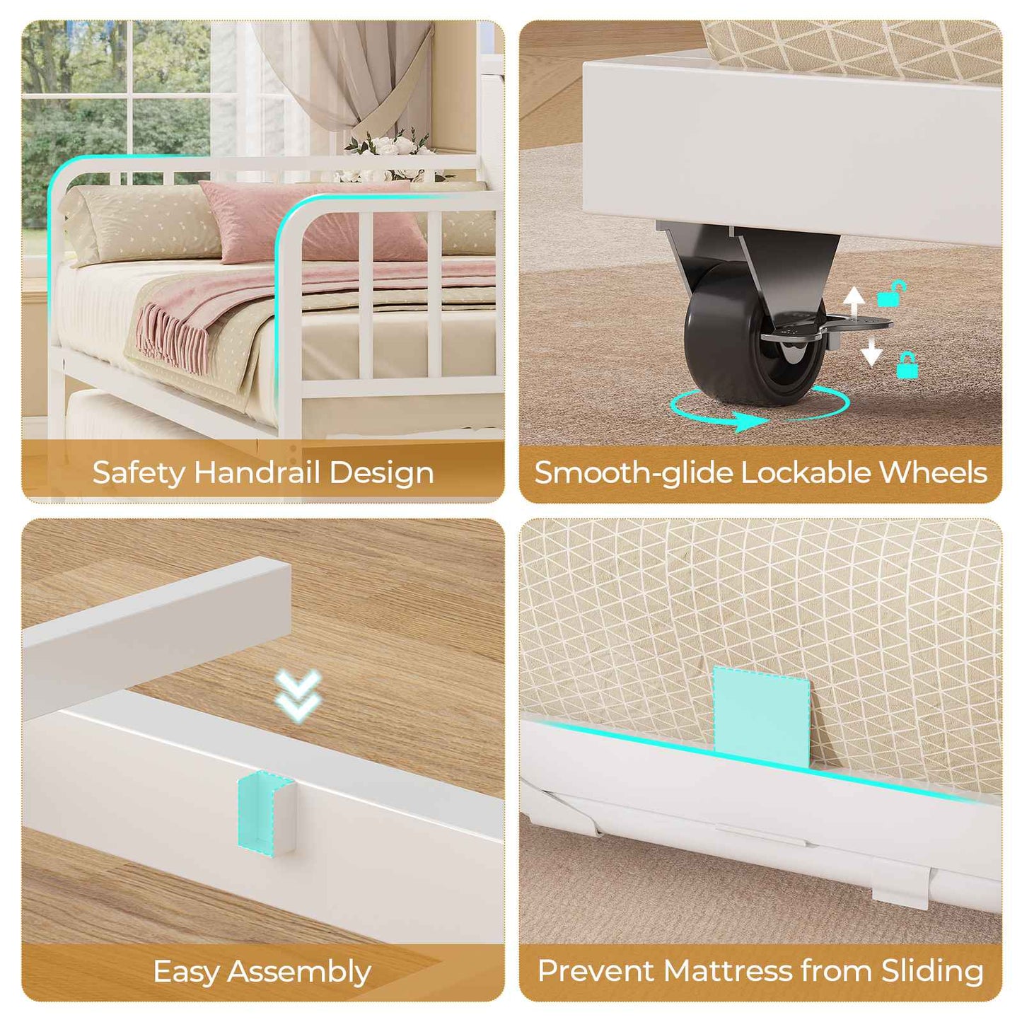 ADORNEVE Twin Daybed with Trundle and Storage Headboard for Living Room Bedroom Metal Sofa Bed with Charging Station