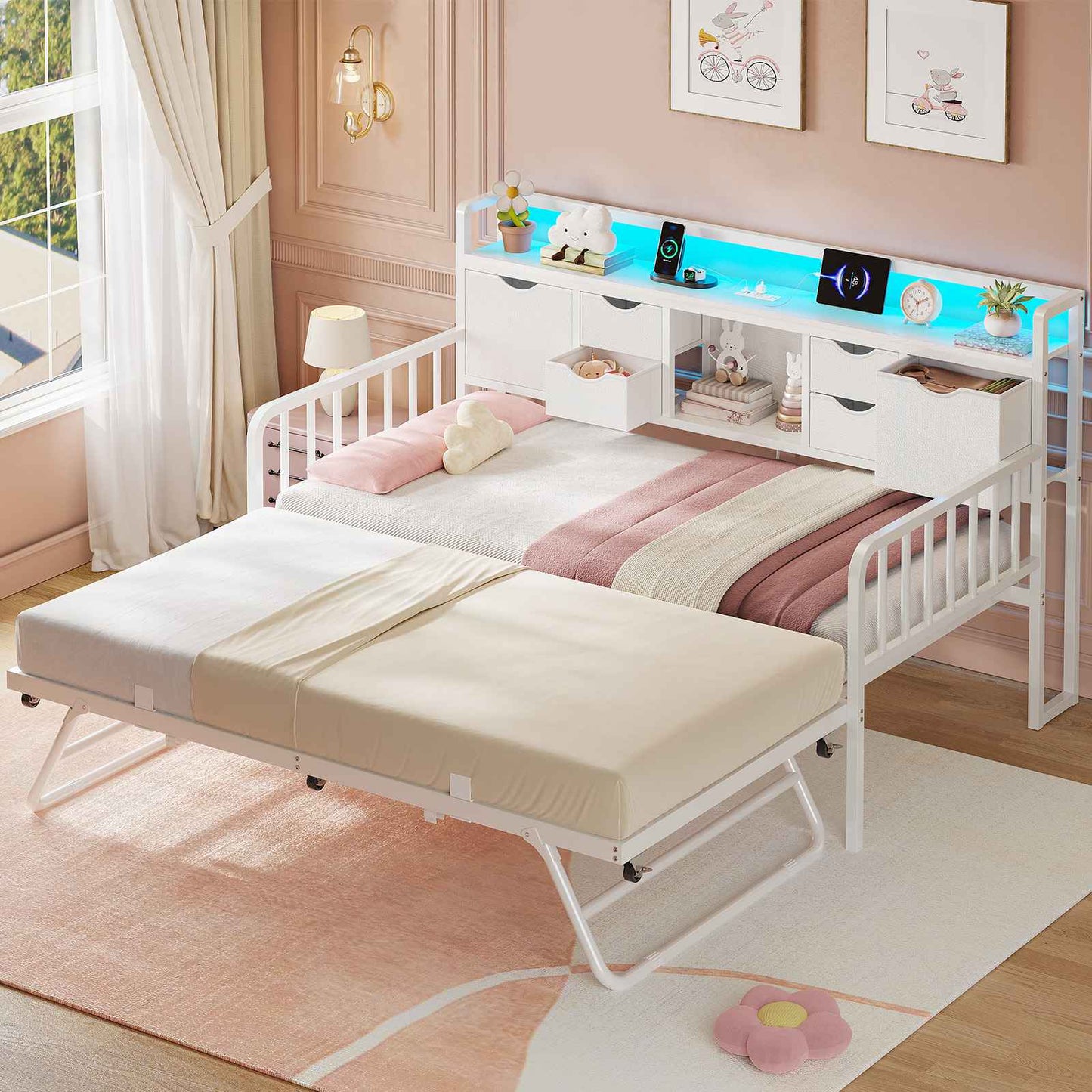 ADORNEVE Twin Daybed with Trundle and Storage Headboard for Living Room Bedroom Metal Sofa Bed with Charging Station
